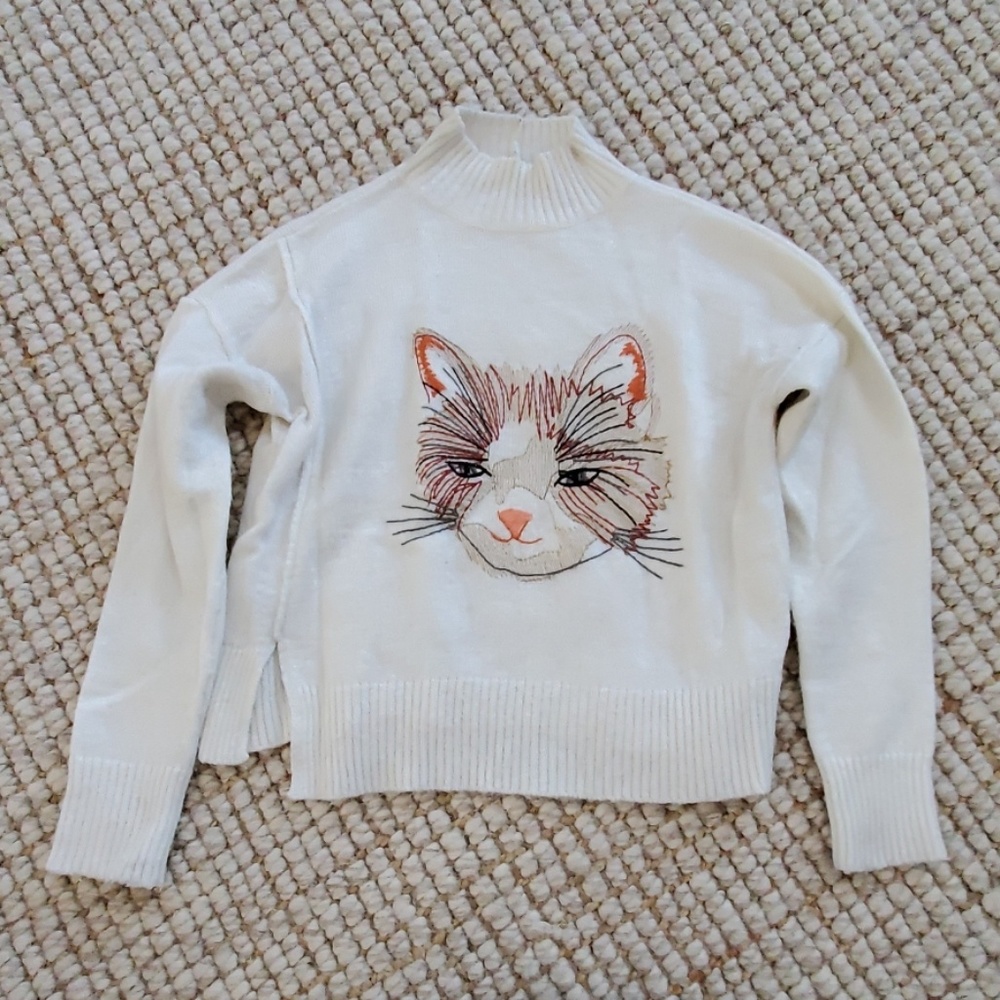 Cream Kitty Cat Cropped Anthropologie Sweater